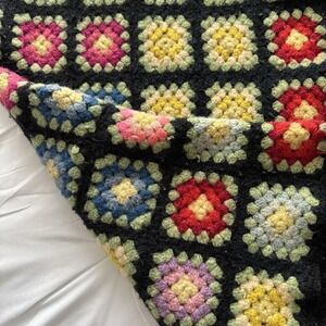 Vtg Crochet Knit Afghan Wool Appr58x80 Black Granny Square Multicolor Boho Throw